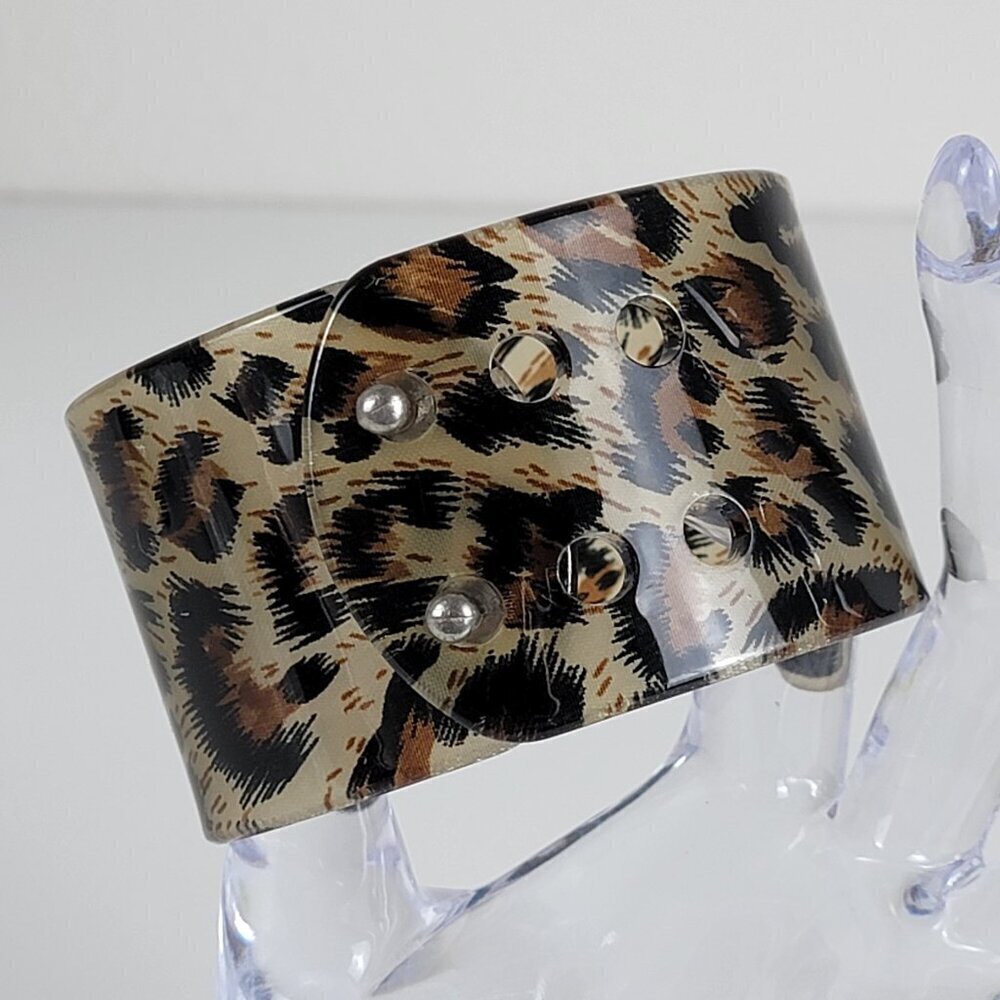 Vintage Lucite Brown Animal Print Bracelet Bangle Snap Sizable Translucent 6.5"